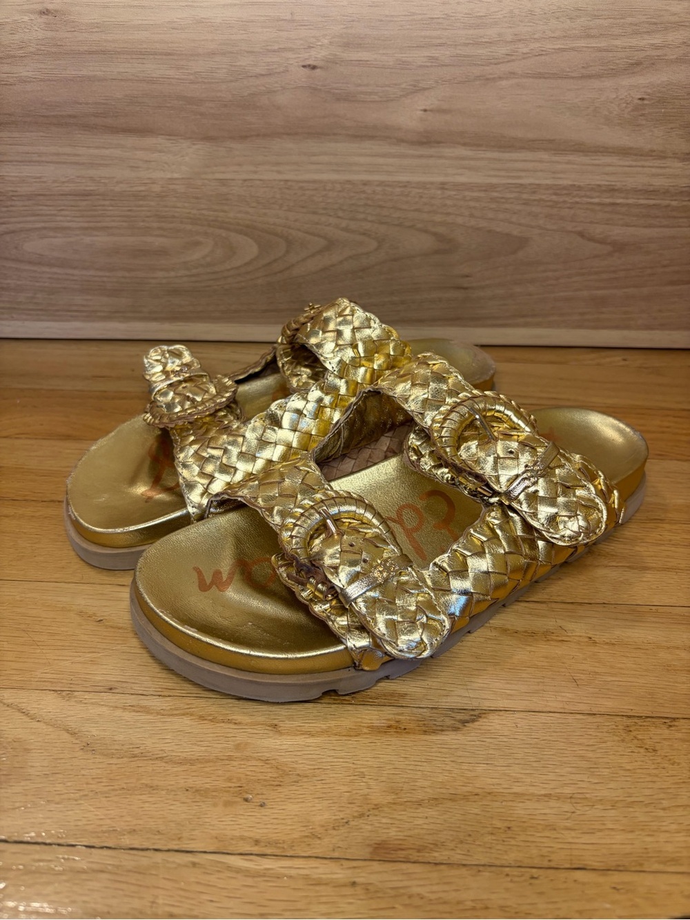 Sam Edelman Tiffanie Gold Metallic Woven Slide Sandals - Size 9